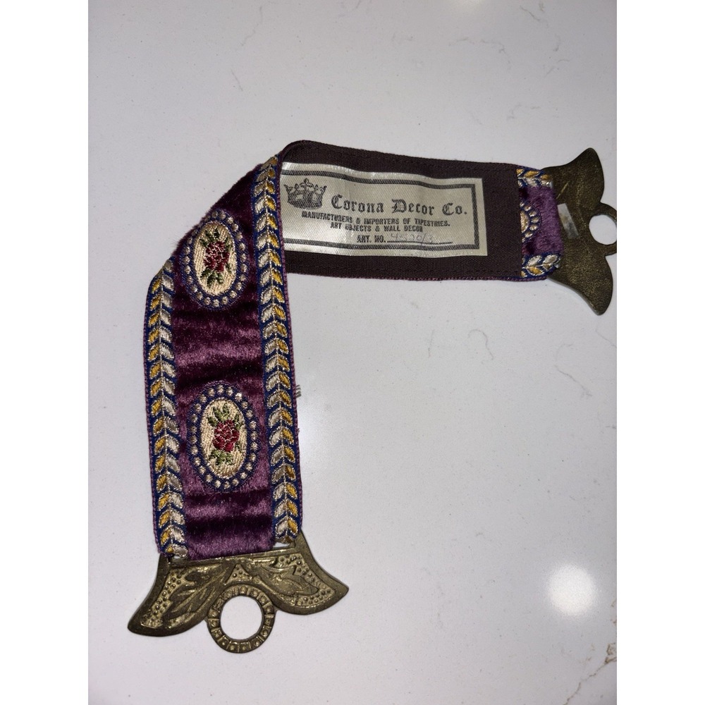 VTG Corona Decor Co 12" Mini Tapestry Bell Pull Wall Hanging Brass Purple Velvet